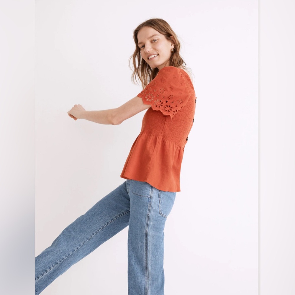Madewell Eyelet Sleeve Lucie Smocked Peplum Top, Orange, Size XXS, Style #NE241 - Picture 10 of 10